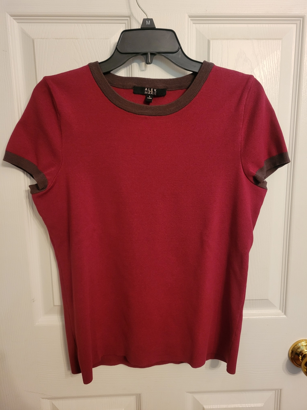 Alex Marie Burgundy Short Sleeve Crewneck Knit Top with Brown Trim